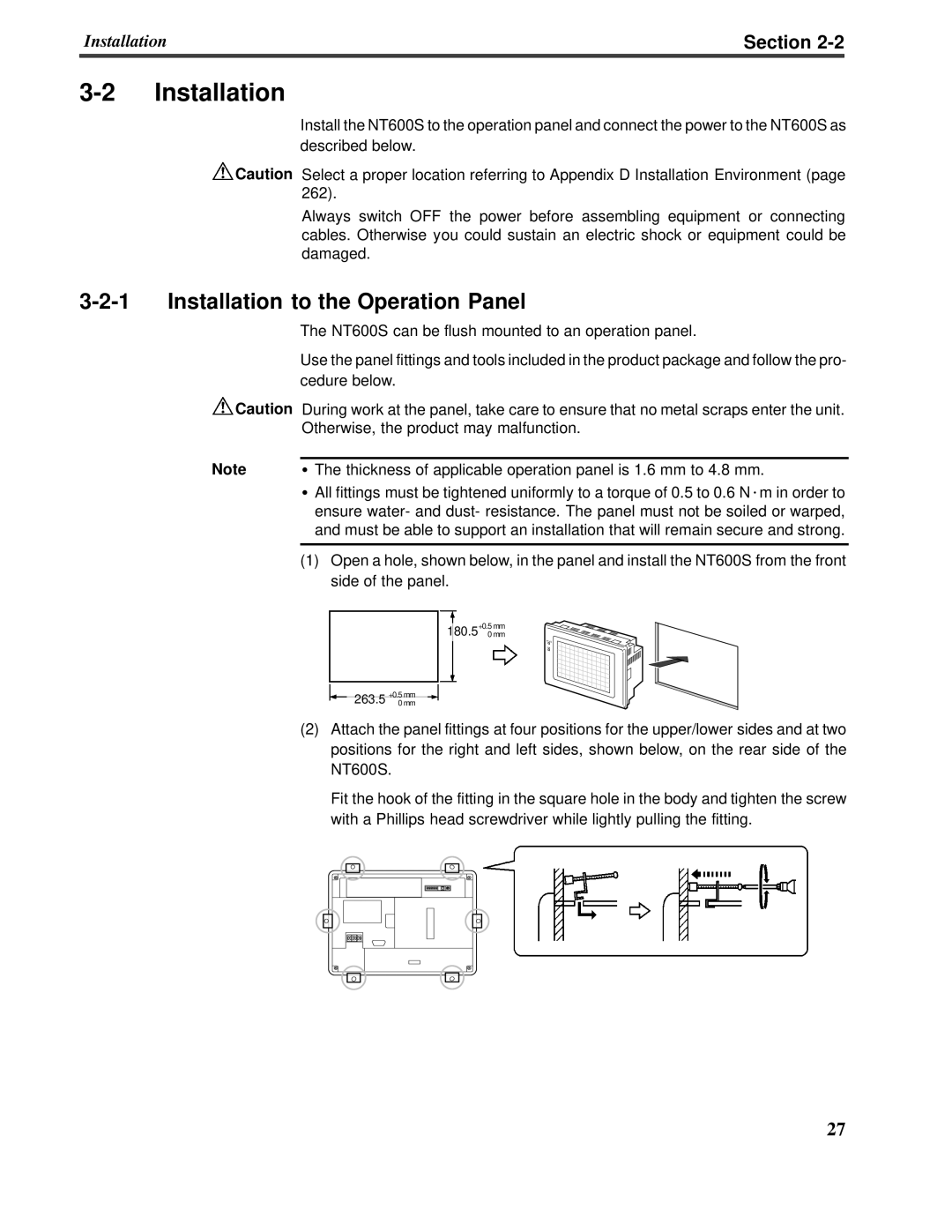 Omron V022-E3-1 operation manual 3-2Installation, 3-2-1Installation to the Operation Panel, Section 