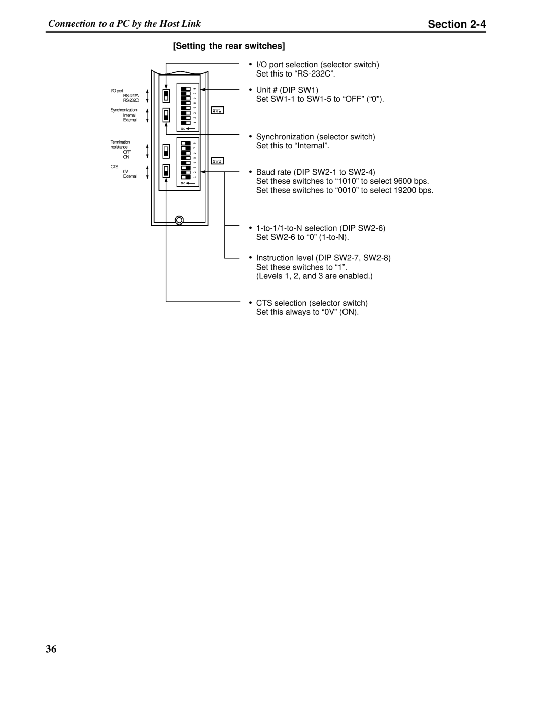 Omron V022-E3-1 operation manual Section, Setting the rear switches, I/O port selection selector switch 