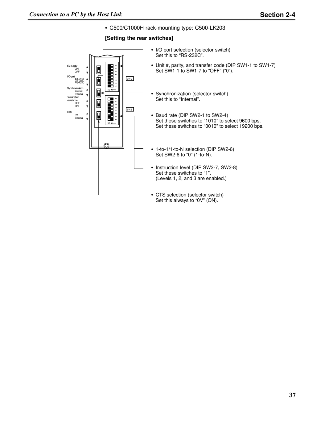 Omron V022-E3-1 operation manual Section, C500/C1000H rack-mountingtype: C500-LK203, Setting the rear switches 