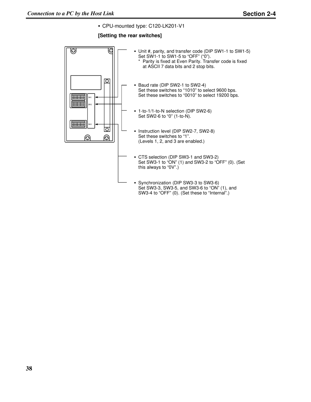Omron V022-E3-1 operation manual Section, CPU-mountedtype: C120-LK201-V1, Setting the rear switches 