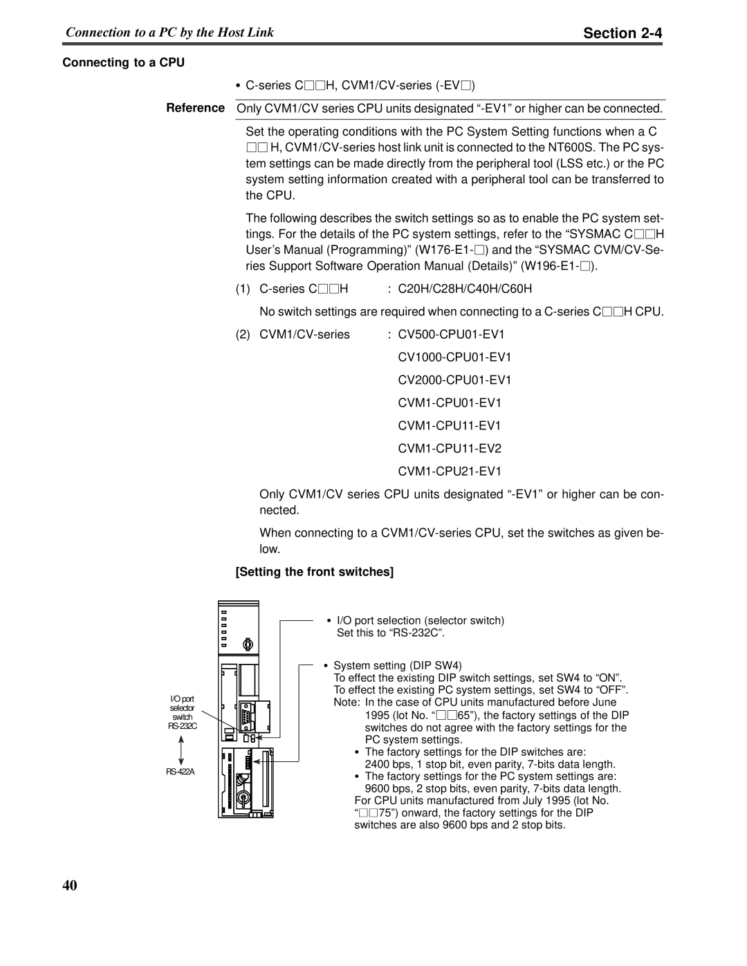 Omron V022-E3-1 operation manual Section, Connecting to a CPU, Setting the frontswitches 