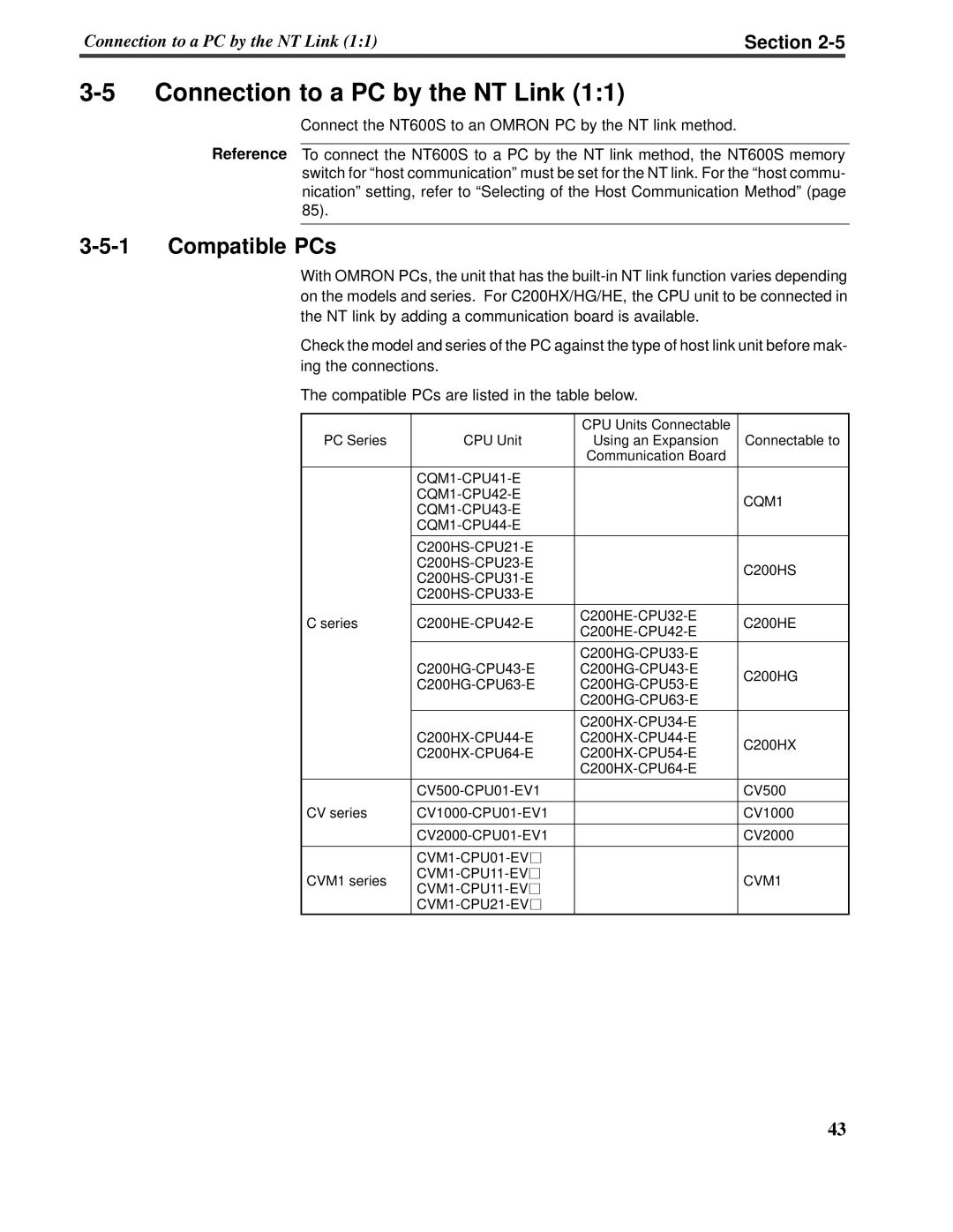 Omron V022-E3-1 operation manual 3-5Connection to a PC by the NT Link 1:1, 3-5-1Compatible PCs, Section 
