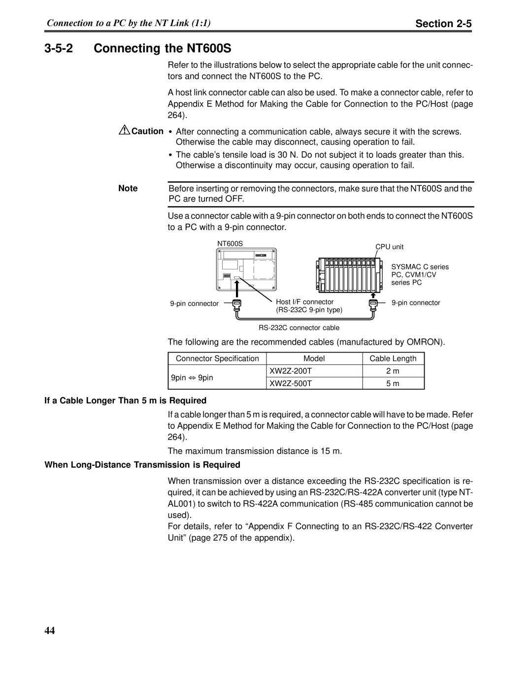 Omron V022-E3-1 operation manual 3-5-2Connecting the NT600S, Section, If a Cable Longer Than 5 m is Required 