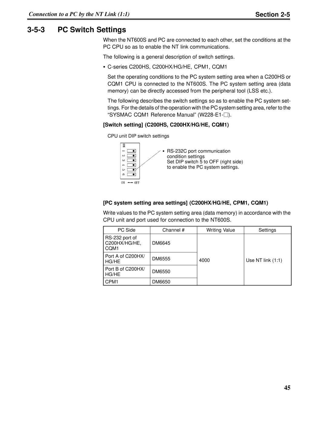 Omron V022-E3-1 operation manual 3-5-3PC Switch Settings, Section, Switch setting C200HS,C200HX/HG/HE, CQM1 