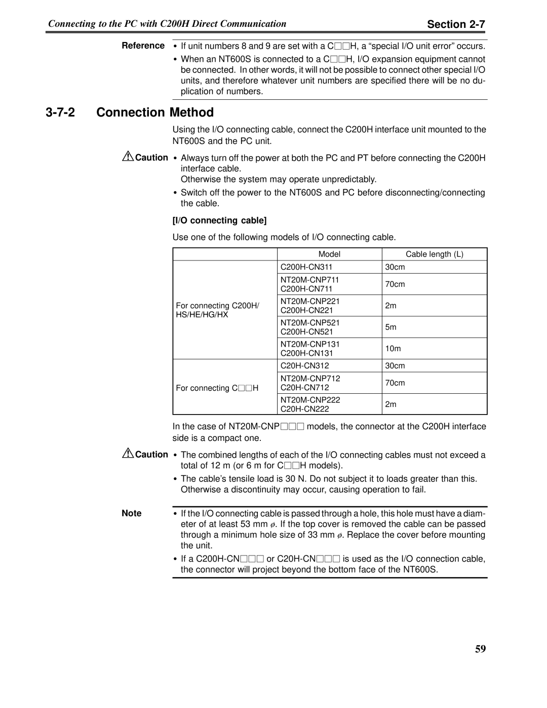 Omron V022-E3-1 operation manual 3-7-2Connection Method, Section, I/O connecting cable 