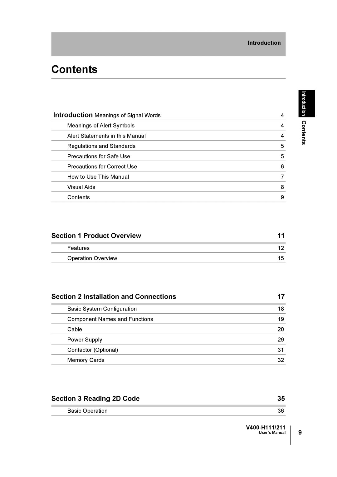 Omron V400-H111 user manual Contents 