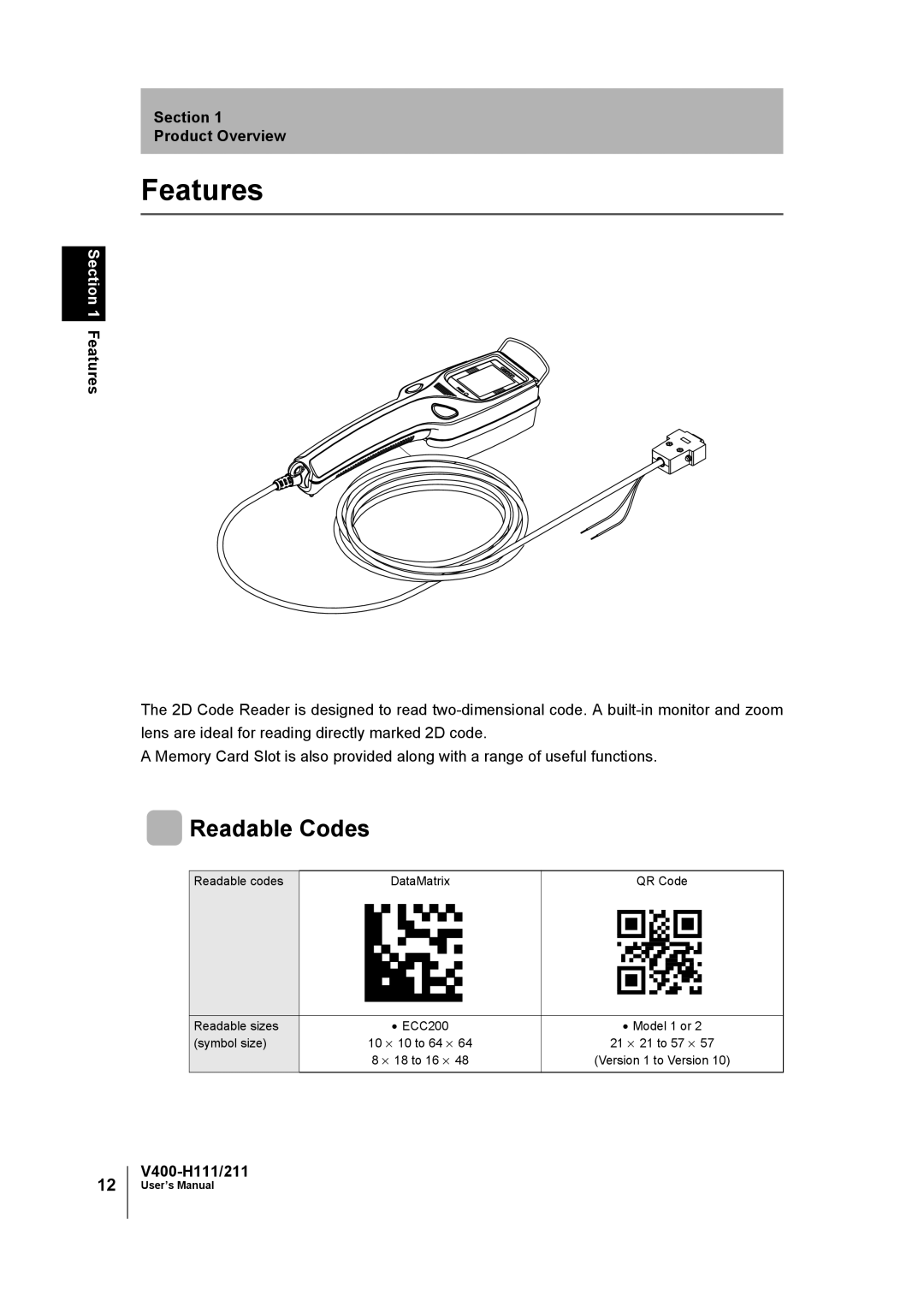 Omron V400-H111 user manual Features, Readable Codes 