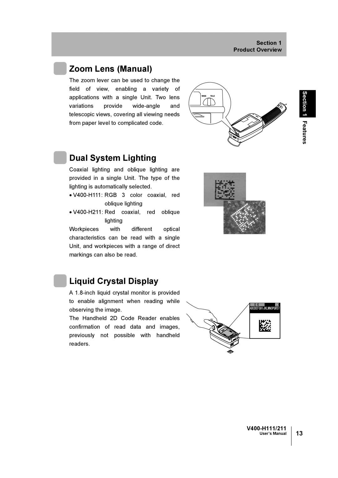 Omron V400-H111 user manual Zoom Lens Manual, Dual System Lighting, Liquid Crystal Display 