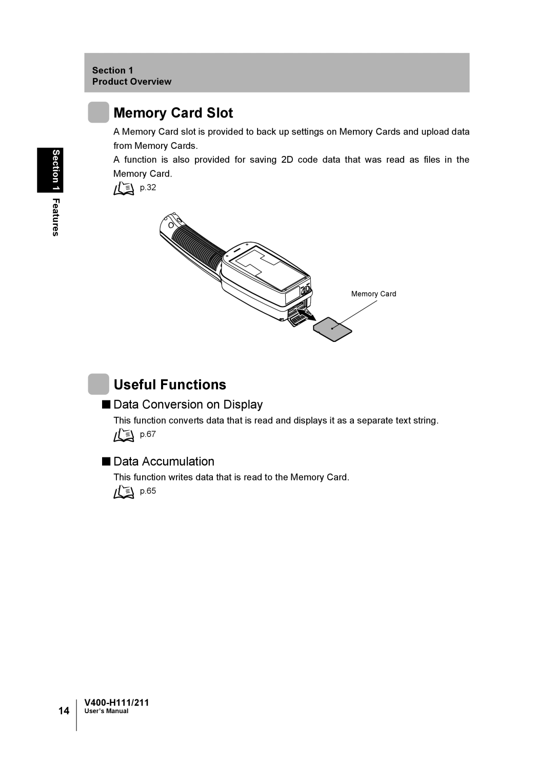 Omron V400-H111 user manual Memory Card Slot, Useful Functions, Data Conversion on Display, Data Accumulation 