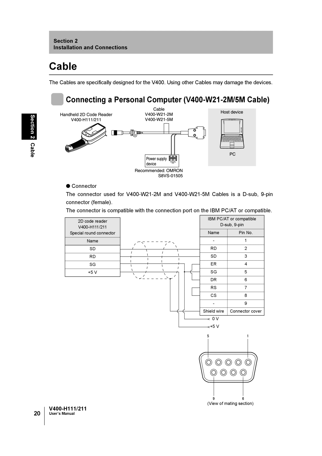 Omron V400-H111 user manual Connecting a Personal Computer V400-W21-2M/5M Cable 