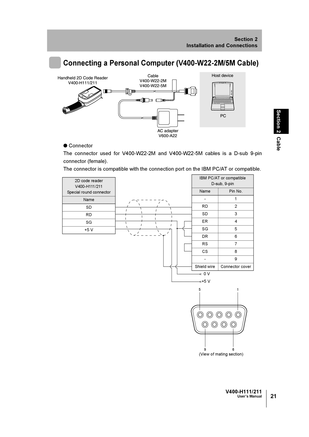 Omron V400-H111 user manual Connecting a Personal Computer V400-W22-2M/5M Cable 