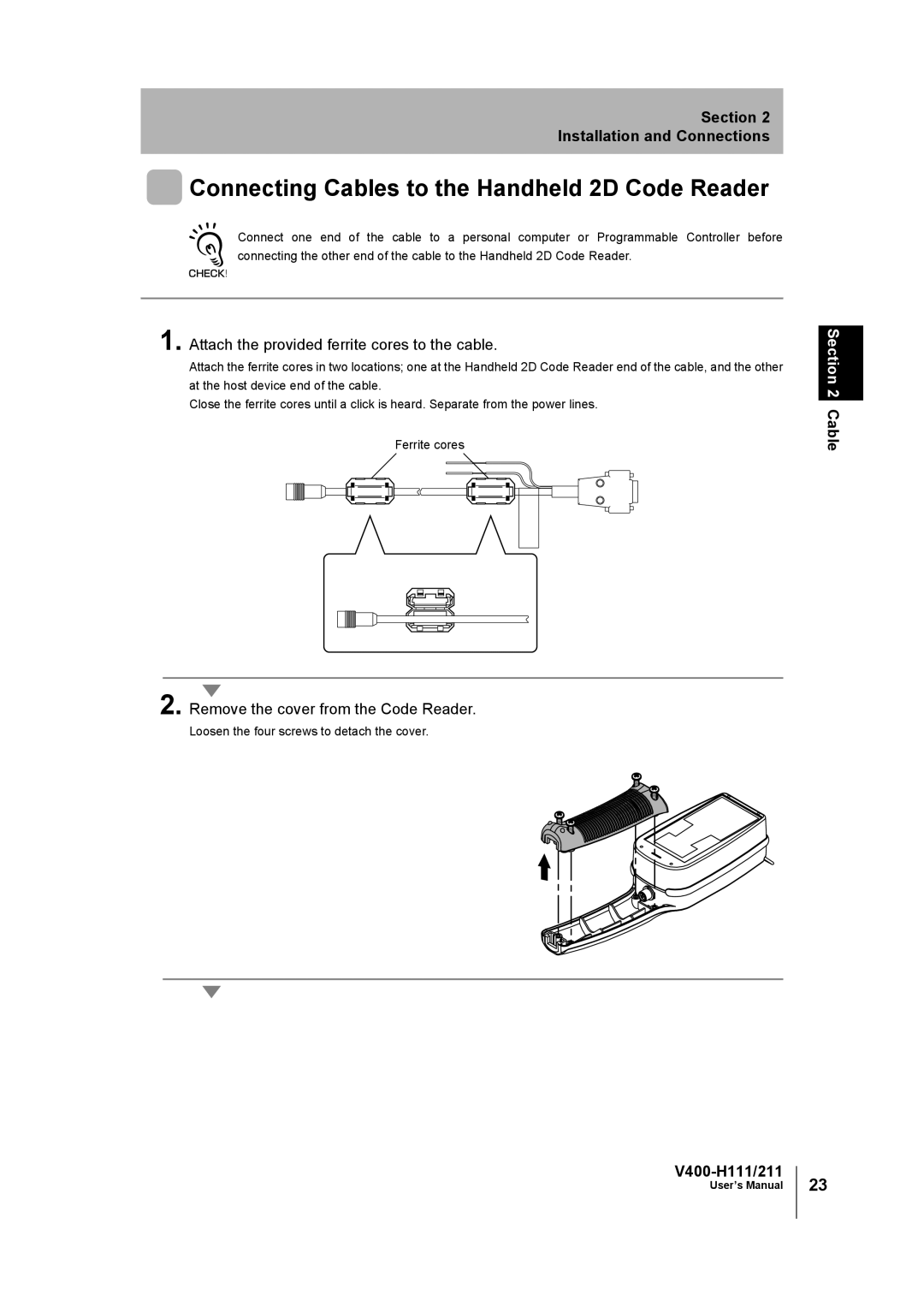 Omron V400-H111 Connecting Cables to the Handheld 2D Code Reader, Attach the provided ferrite cores to the cable 