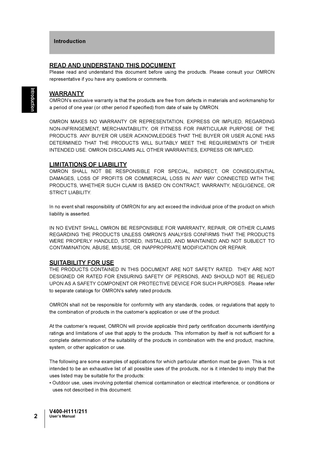 Omron V400-H111 user manual Read and Understand this Document 