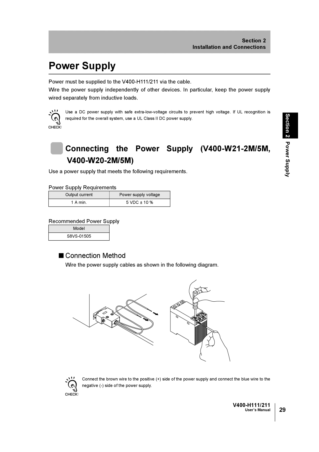 Omron V400-H111 user manual Connecting the Power Supply V400-W21-2M/5M, V400-W20-2M/5M, Connection Method 