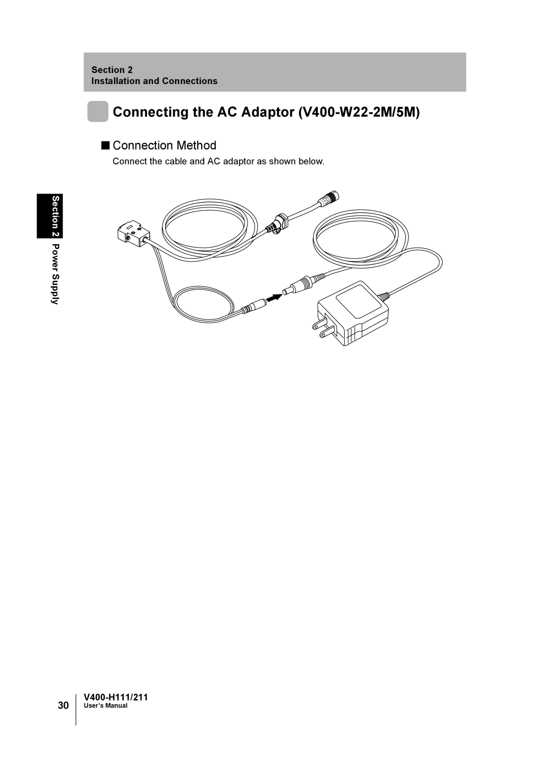 Omron V400-H111 user manual Connecting the AC Adaptor V400-W22-2M/5M, Connect the cable and AC adaptor as shown below 