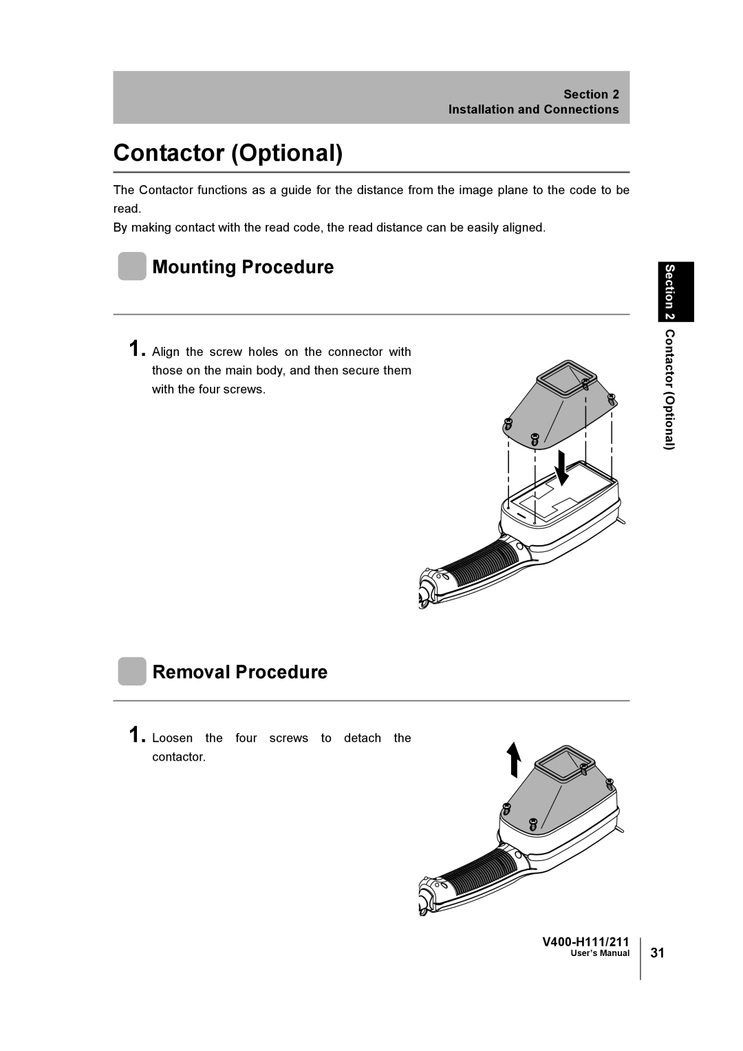 Omron V400-H111 Contactor Optional, Mounting Procedure, Removal Procedure, Loosen the four screws to detach the contactor 