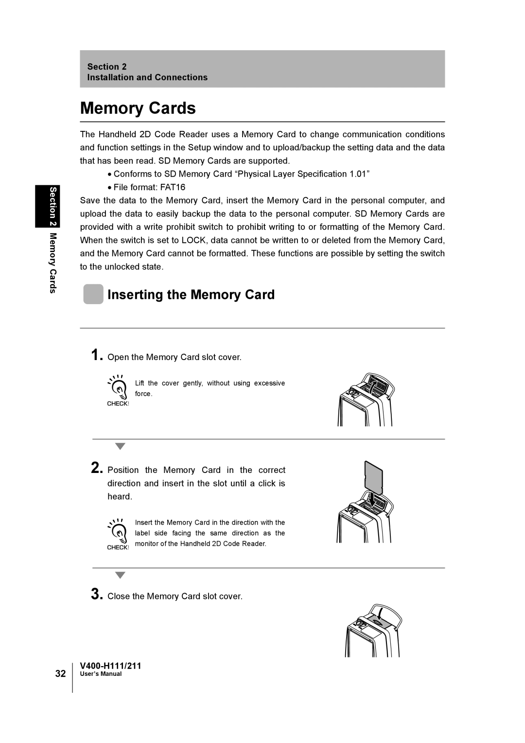 Omron V400-H111 Memory Cards, Inserting the Memory Card, Open the Memory Card slot cover, Close the Memory Card slot cover 