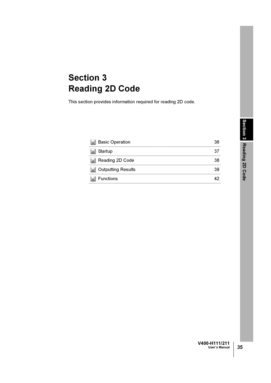 Omron V400-H111 user manual Section Reading 2D Code 