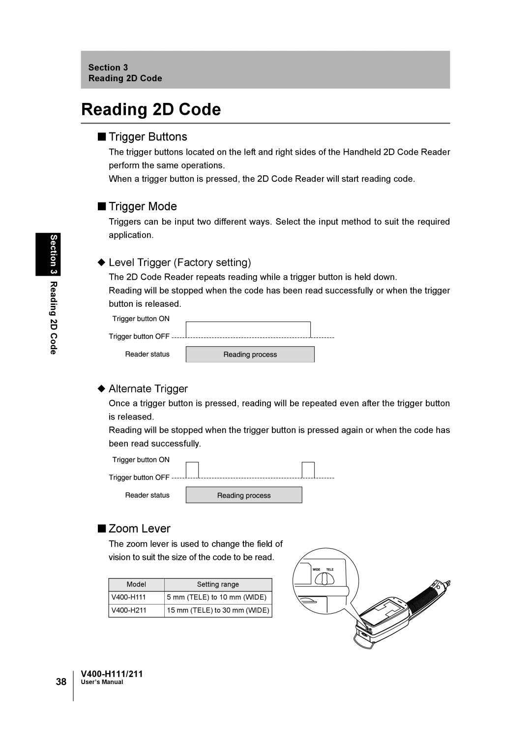 Omron V400-H111 user manual Trigger Buttons, Trigger Mode, Zoom Lever, Level Trigger Factory setting, Alternate Trigger 