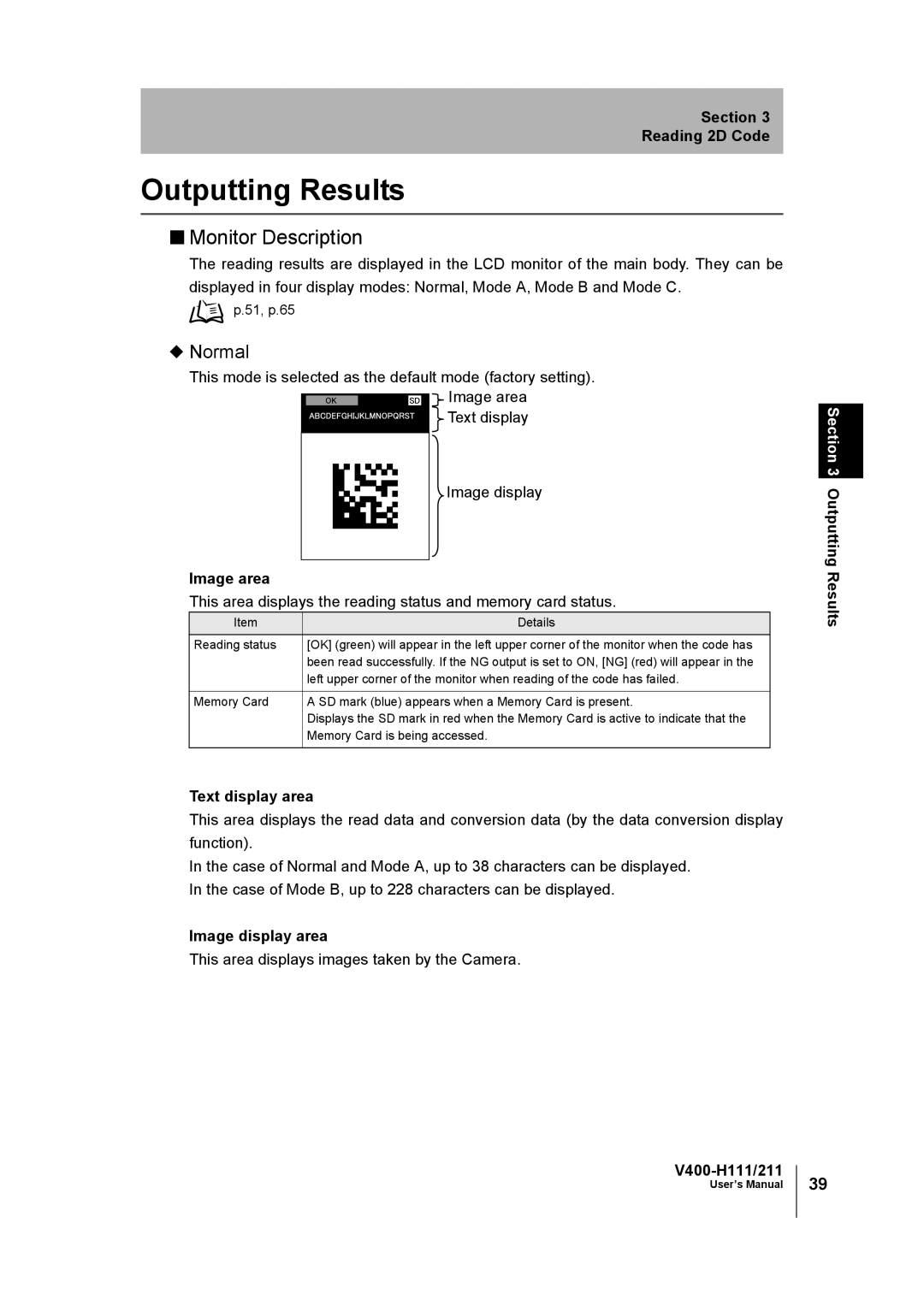 Omron V400-H111 user manual Outputting Results, Monitor Description, Normal, This area displays images taken by the Camera 