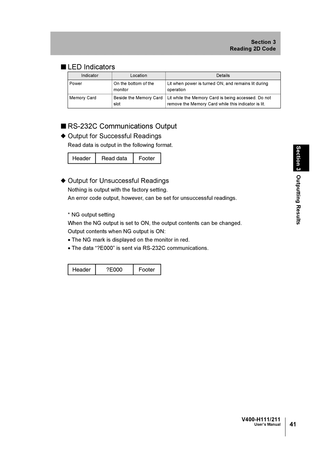 Omron V400-H111 user manual LED Indicators, Output for Unsuccessful Readings, Read data is output in the following format 