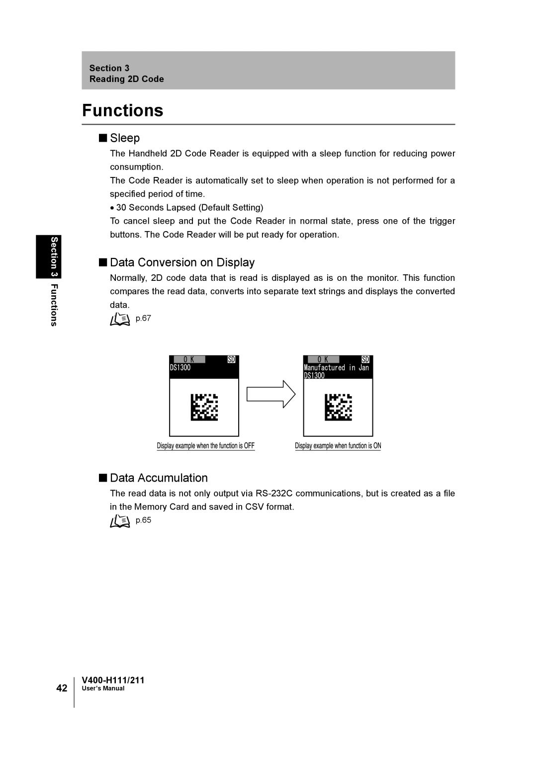 Omron V400-H111 user manual Functions, Sleep 