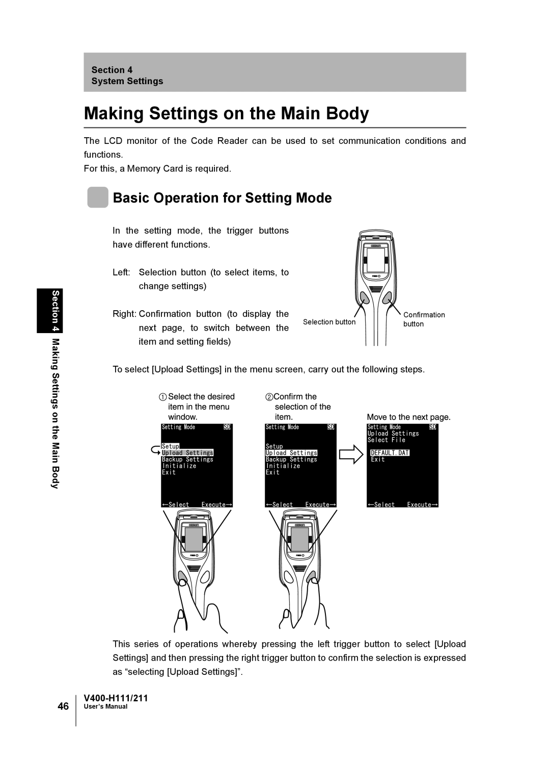 Omron V400-H111 Making Settings on the Main Body, Basic Operation for Setting Mode, Next page, to switch between 