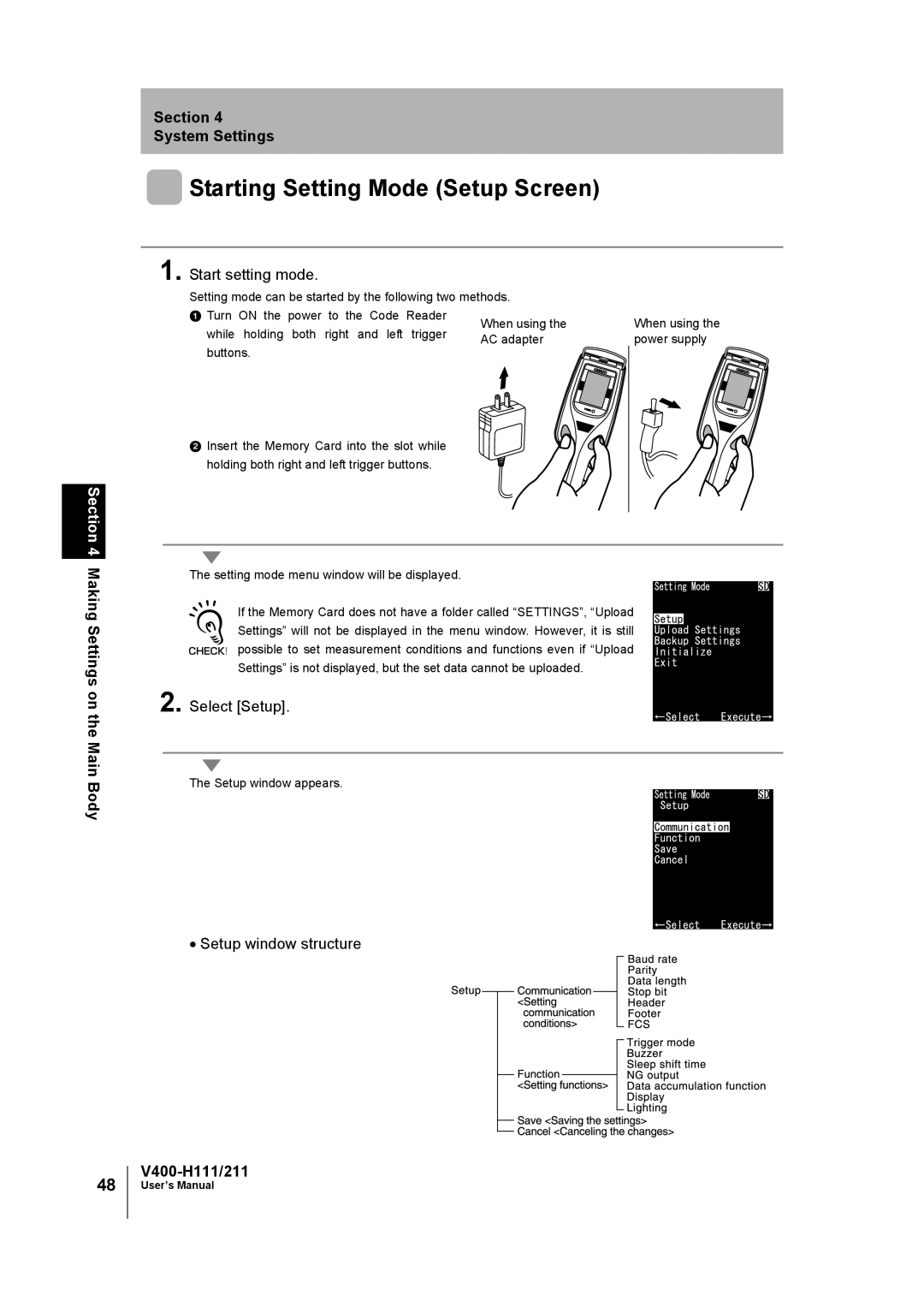 Omron V400-H111 user manual Starting Setting Mode Setup Screen, Start setting mode, Select Setup, Setup window structure 