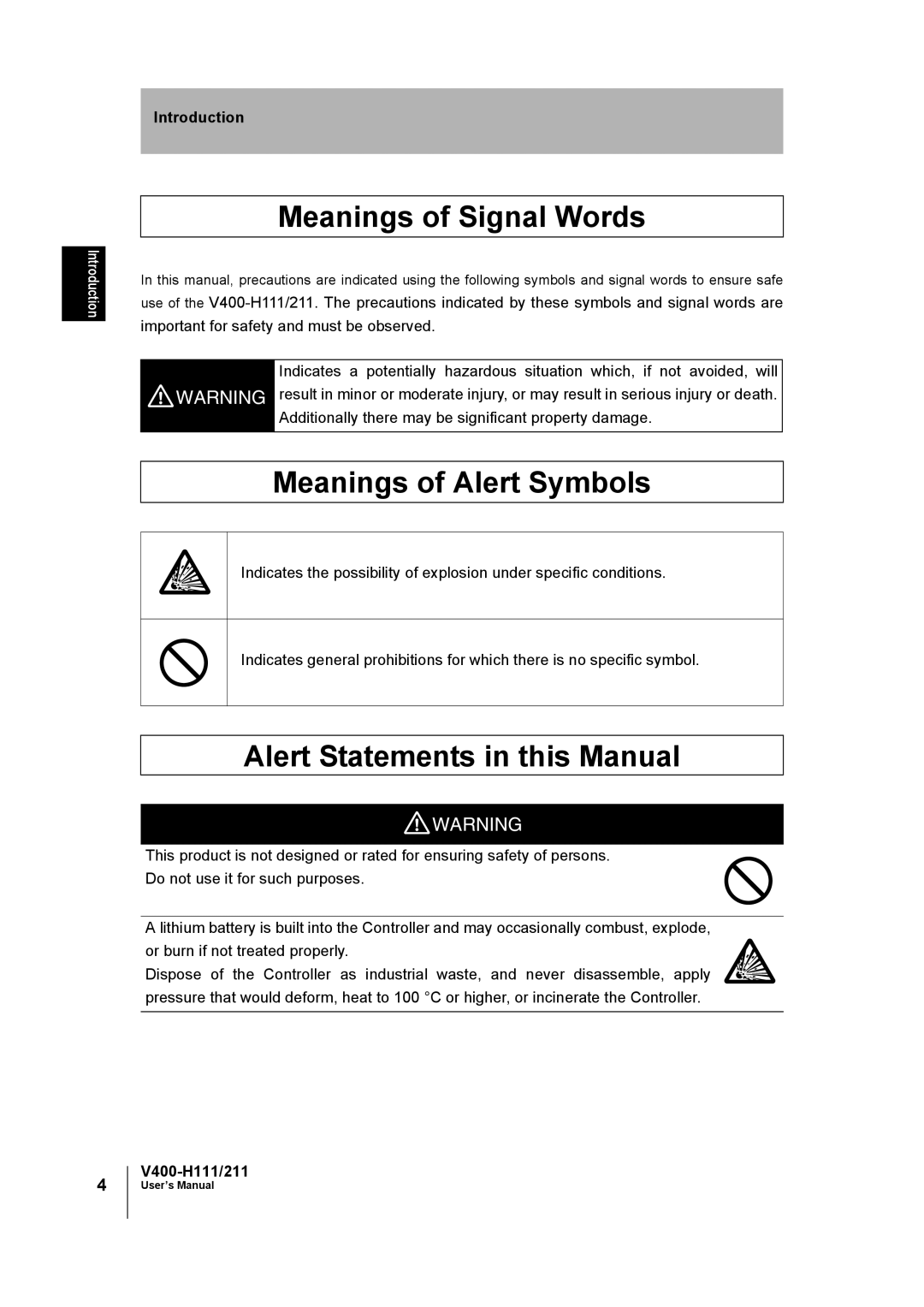 Omron V400-H111 user manual Meanings of Signal Words, Meanings of Alert Symbols, Alert Statements in this Manual 