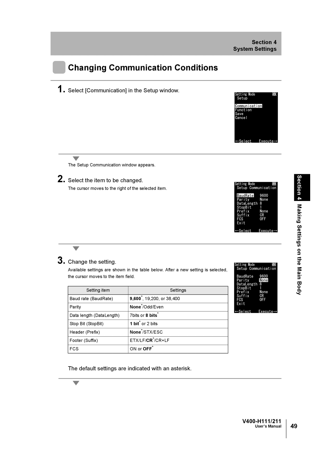 Omron V400-H111 Changing Communication Conditions, Select Communication in the Setup window, Select the item to be changed 