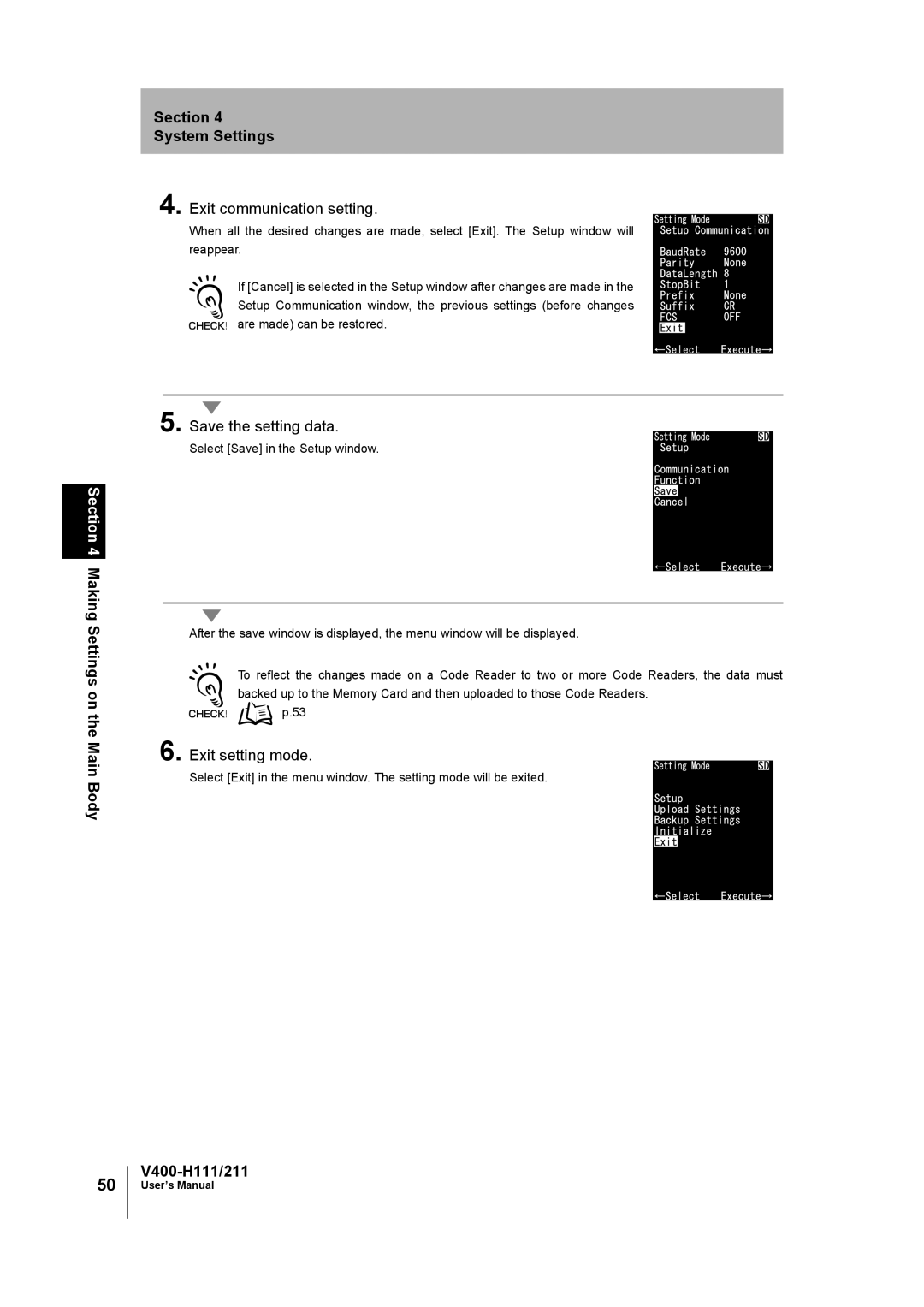 Omron V400-H111 user manual Exit communication setting, Save the setting data, Exit setting mode 