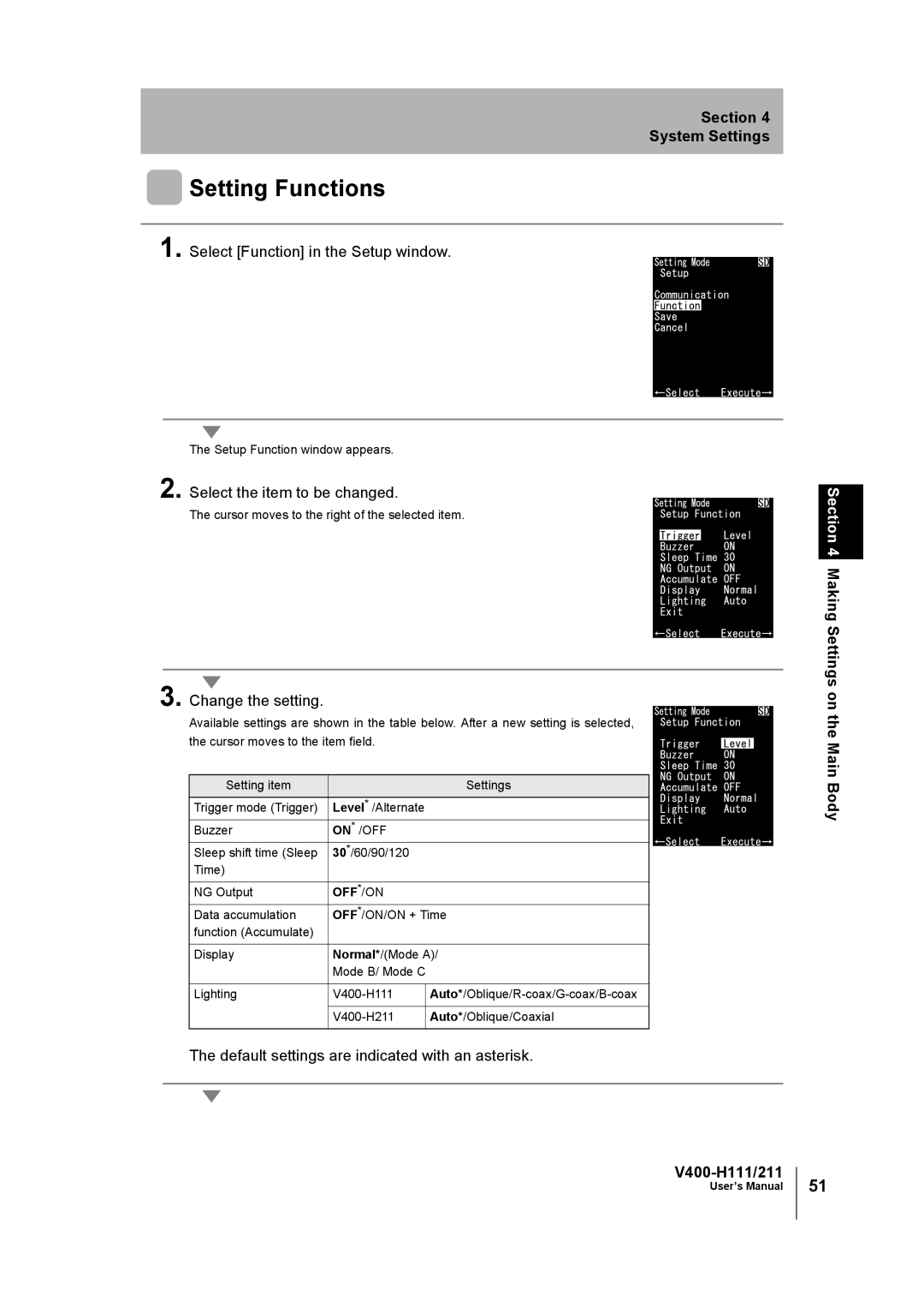 Omron V400-H111 user manual Setting Functions, Select Function in the Setup window 