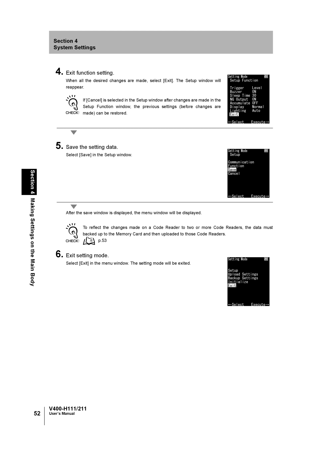 Omron V400-H111 user manual Exit function setting 