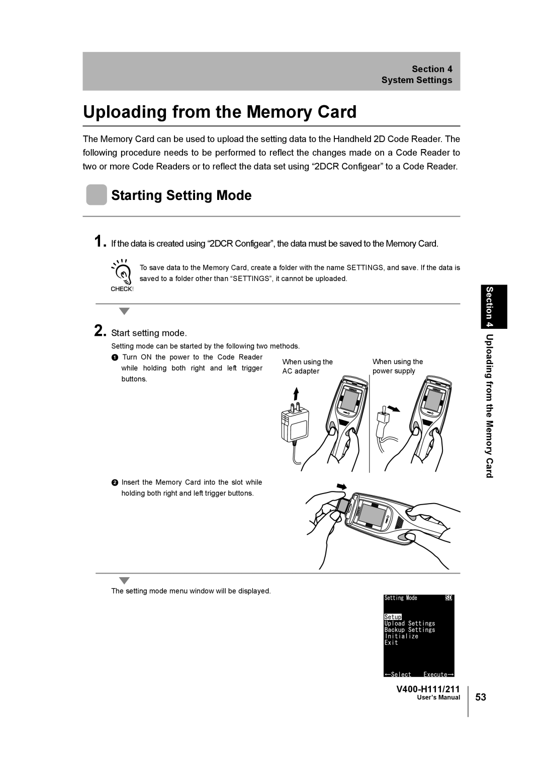 Omron V400-H111 user manual Uploading from the Memory Card, Starting Setting Mode 