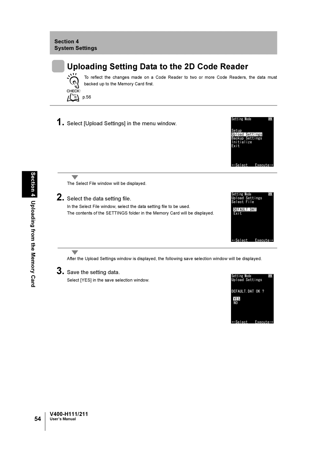 Omron V400-H111 user manual Uploading Setting Data to the 2D Code Reader, Select Upload Settings in the menu window 