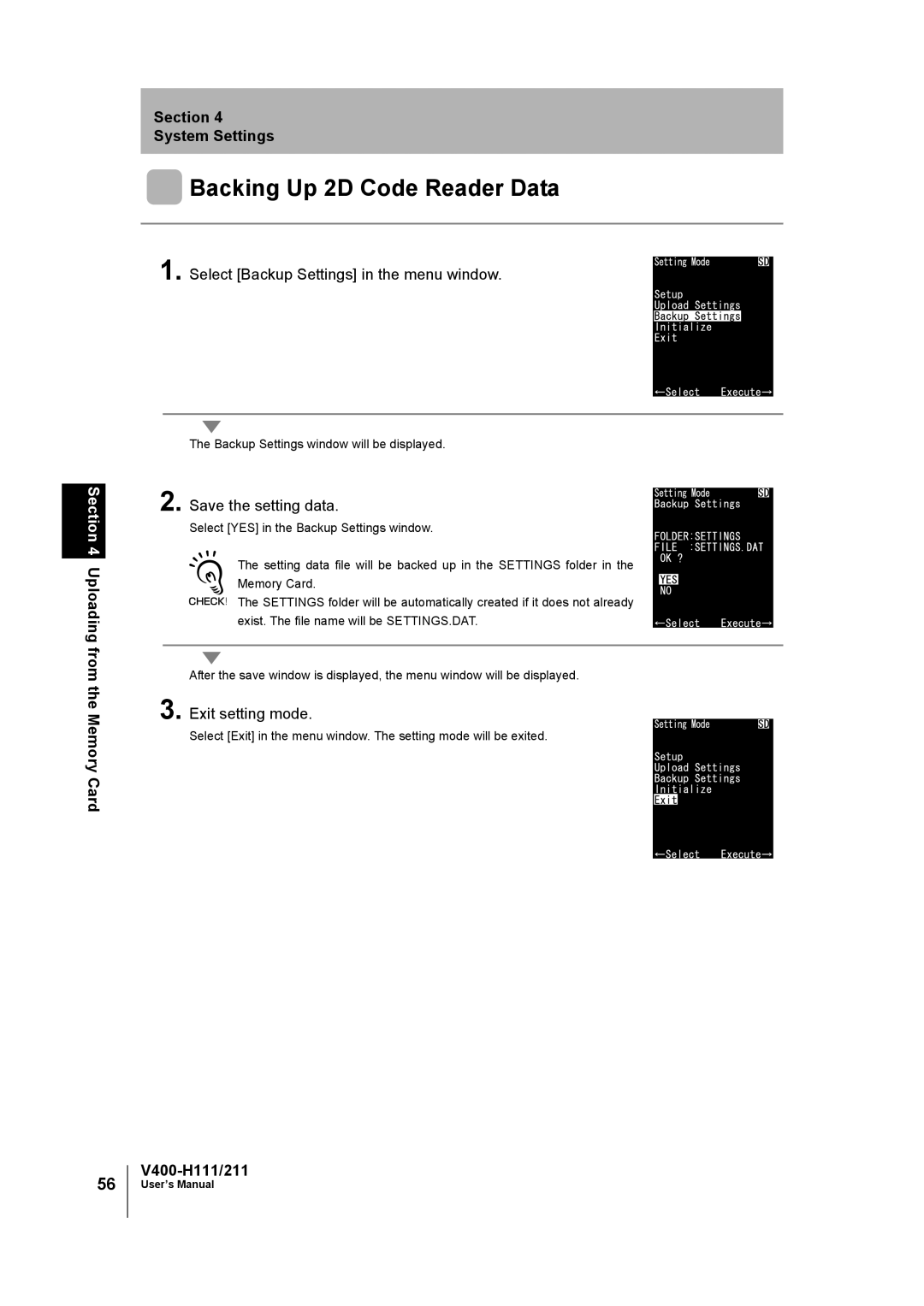 Omron V400-H111 user manual Backing Up 2D Code Reader Data, Select Backup Settings in the menu window 