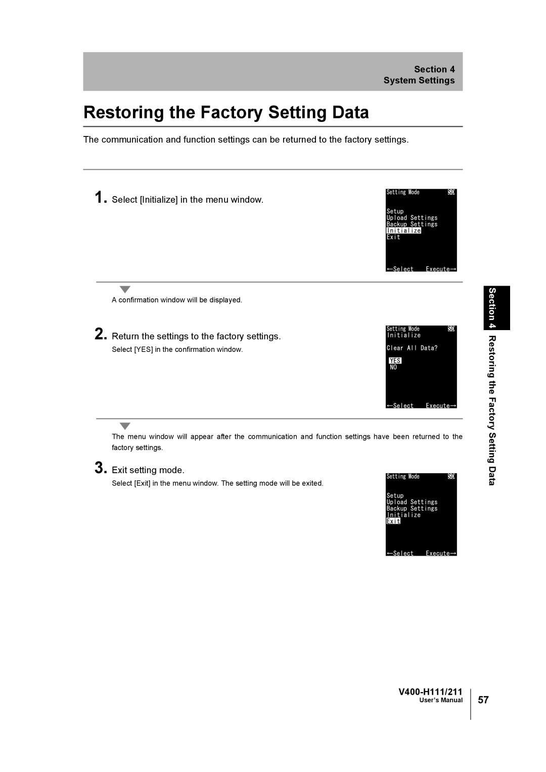 Omron V400-H111 user manual Restoring the Factory Setting Data, Return the settings to the factory settings 