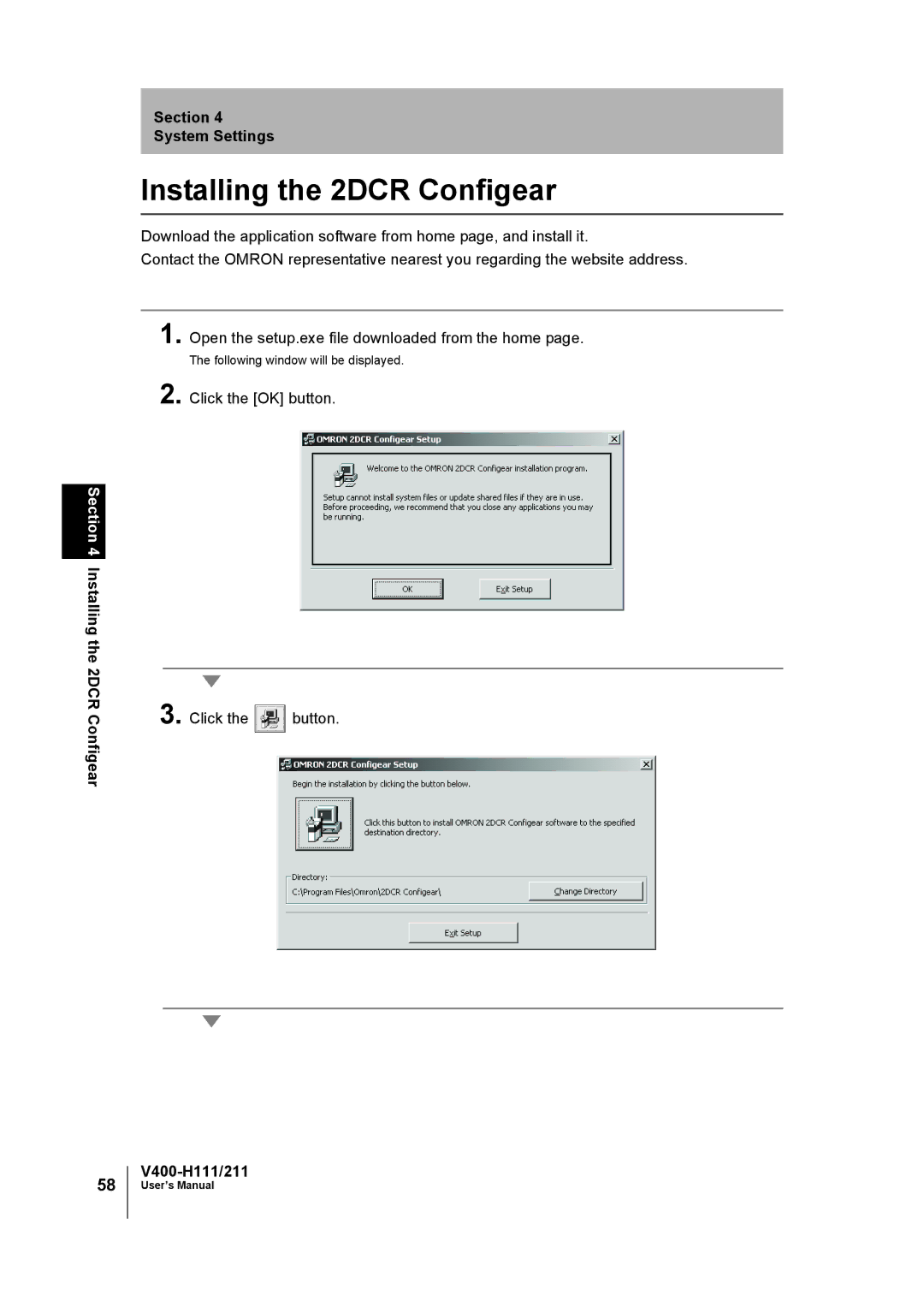 Omron V400-H111 user manual Installing the 2DCR Configear, Click the OK button Click the button 