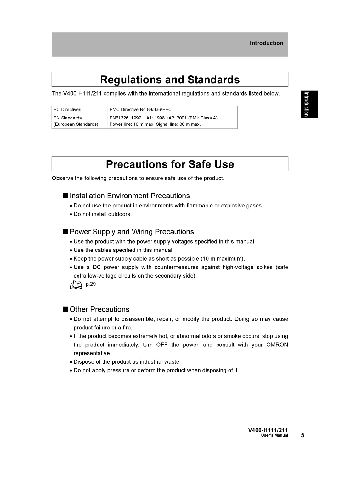 Omron V400-H111 user manual Regulations and Standards, Precautions for Safe Use, Installation Environment Precautions 