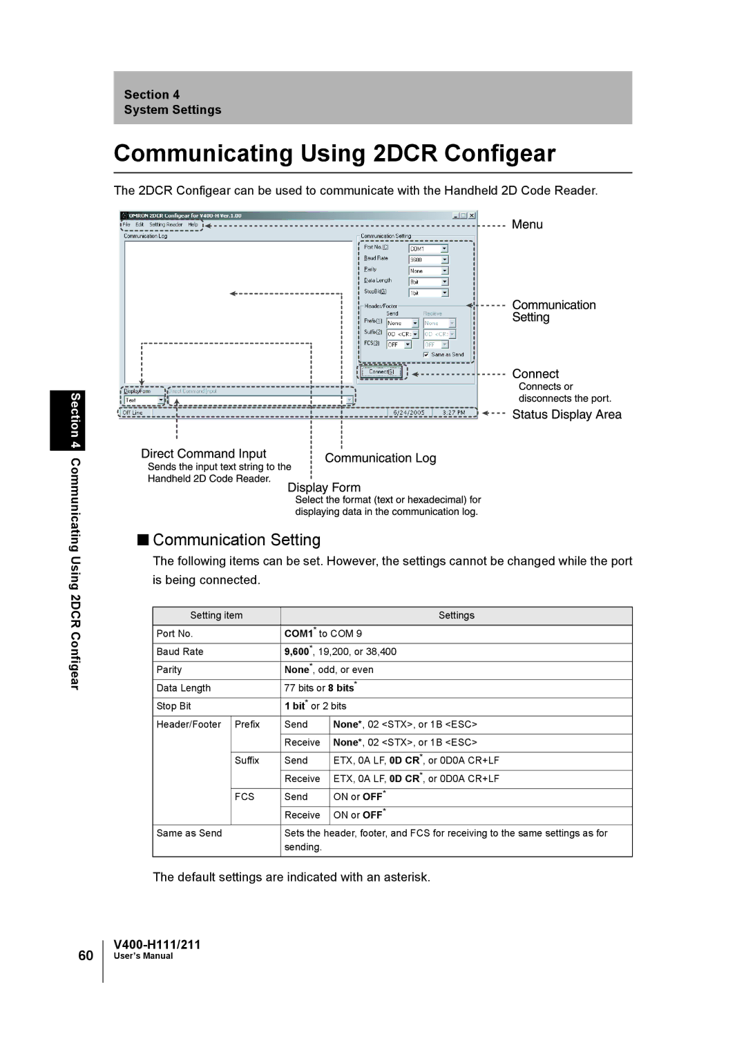 Omron V400-H111 user manual Communicating Using 2DCR Configear, Communication Setting 