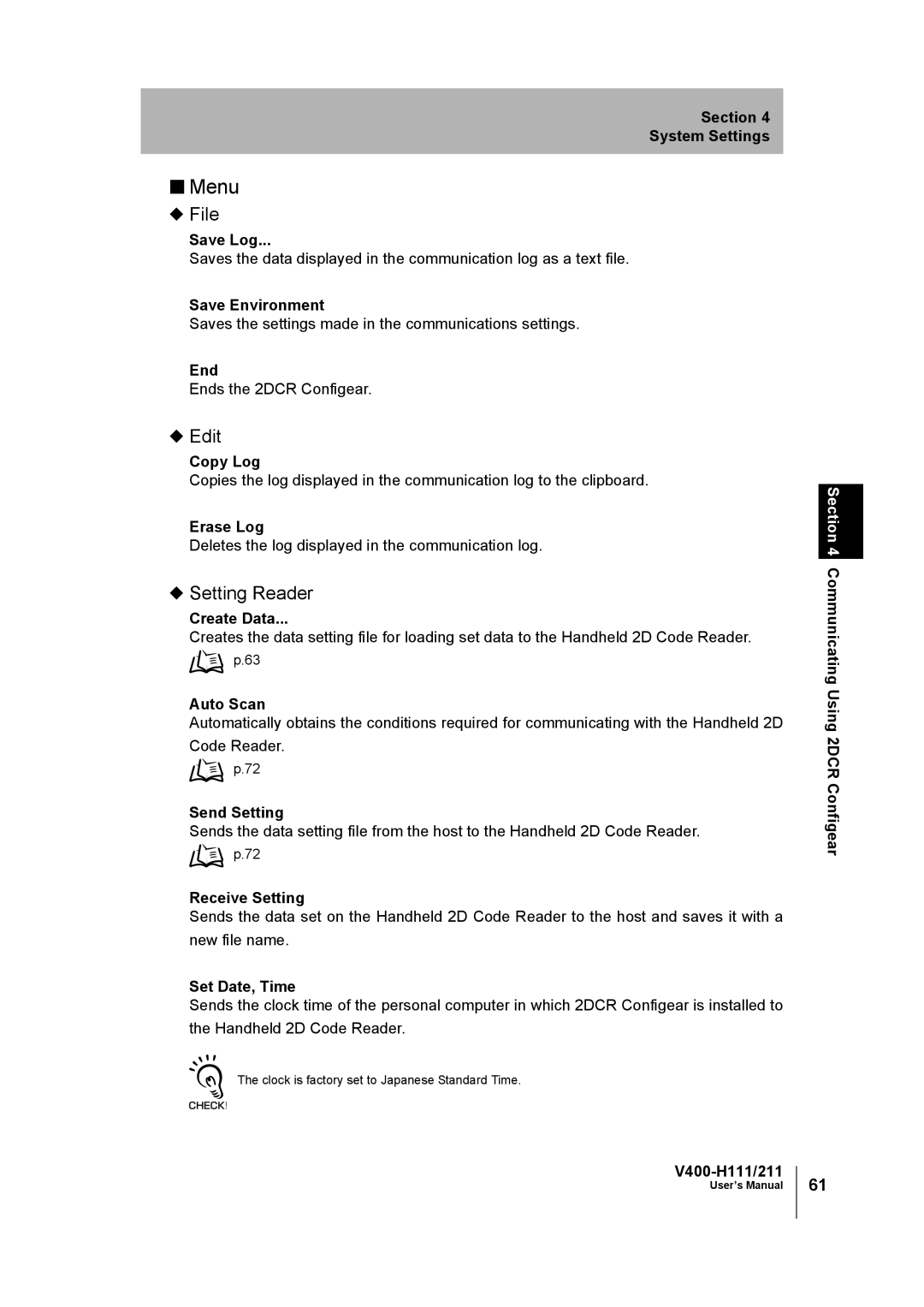 Omron V400-H111 user manual Menu, File, Edit, Setting Reader 