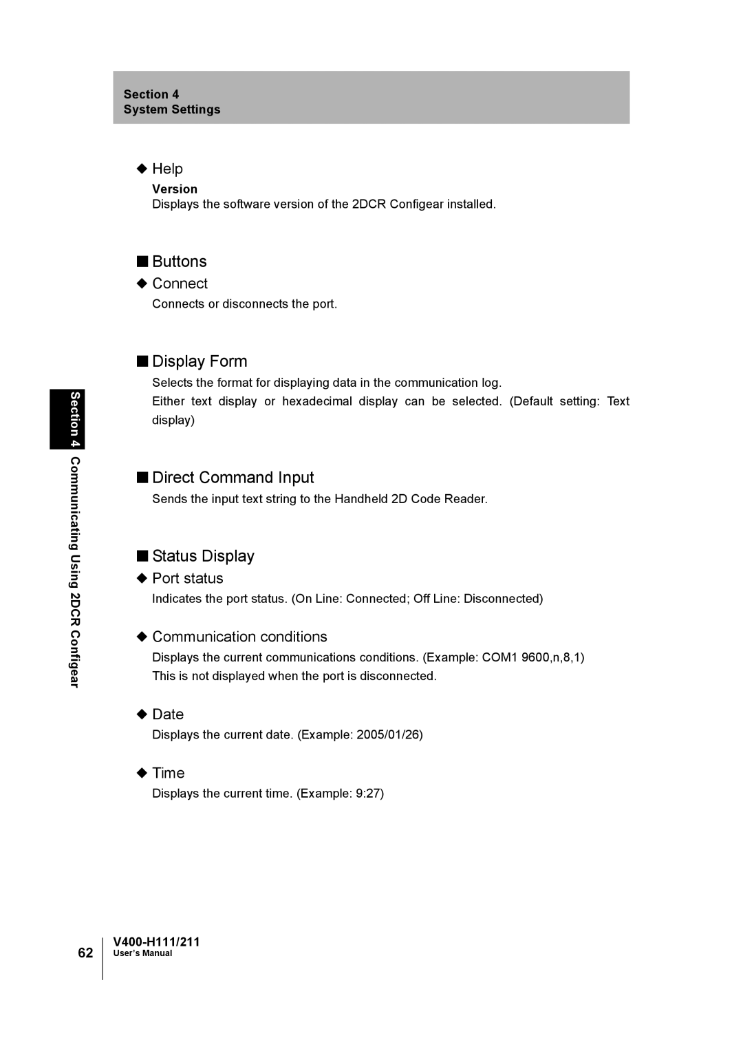 Omron V400-H111 user manual Buttons, Display Form, Direct Command Input, Status Display 