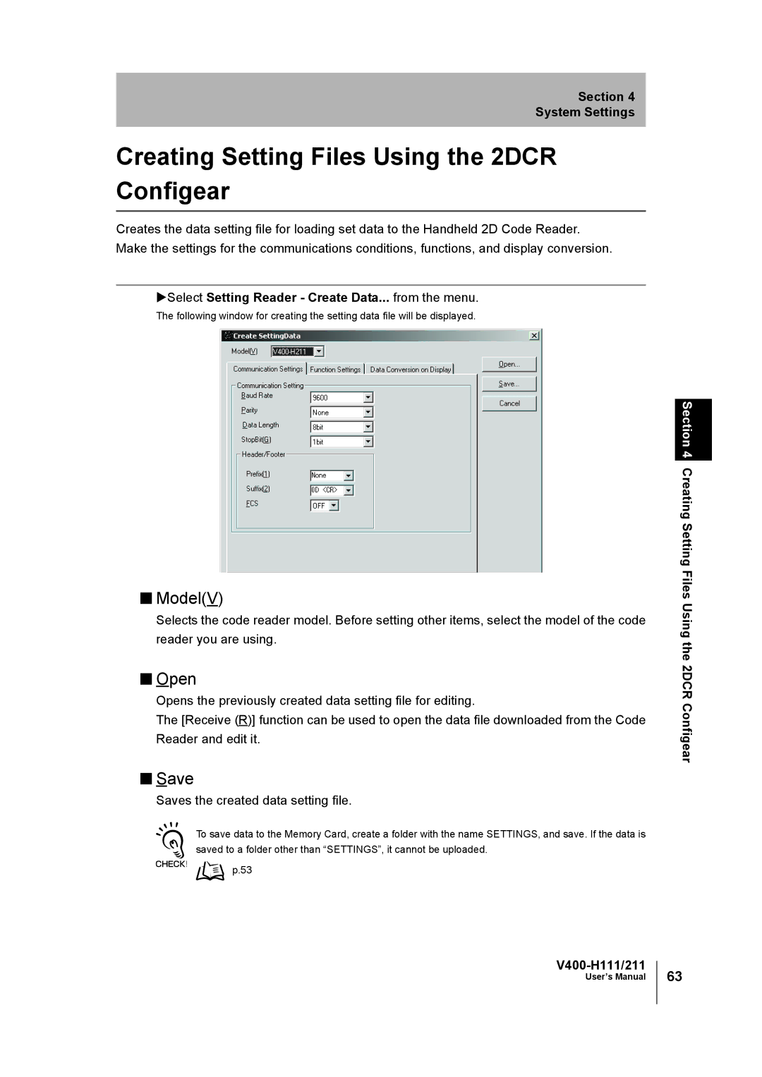 Omron V400-H111 Creating Setting Files Using the 2DCR Configear, ModelV, Open, Saves the created data setting file 