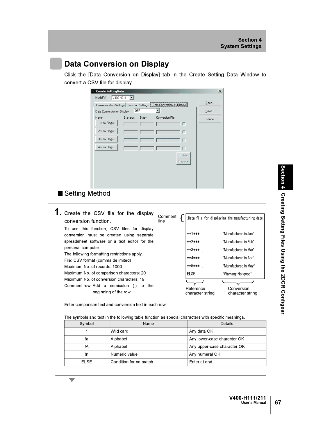 Omron V400-H111 Data Conversion on Display, Setting Method, Create the CSV file for the display Conversion function 