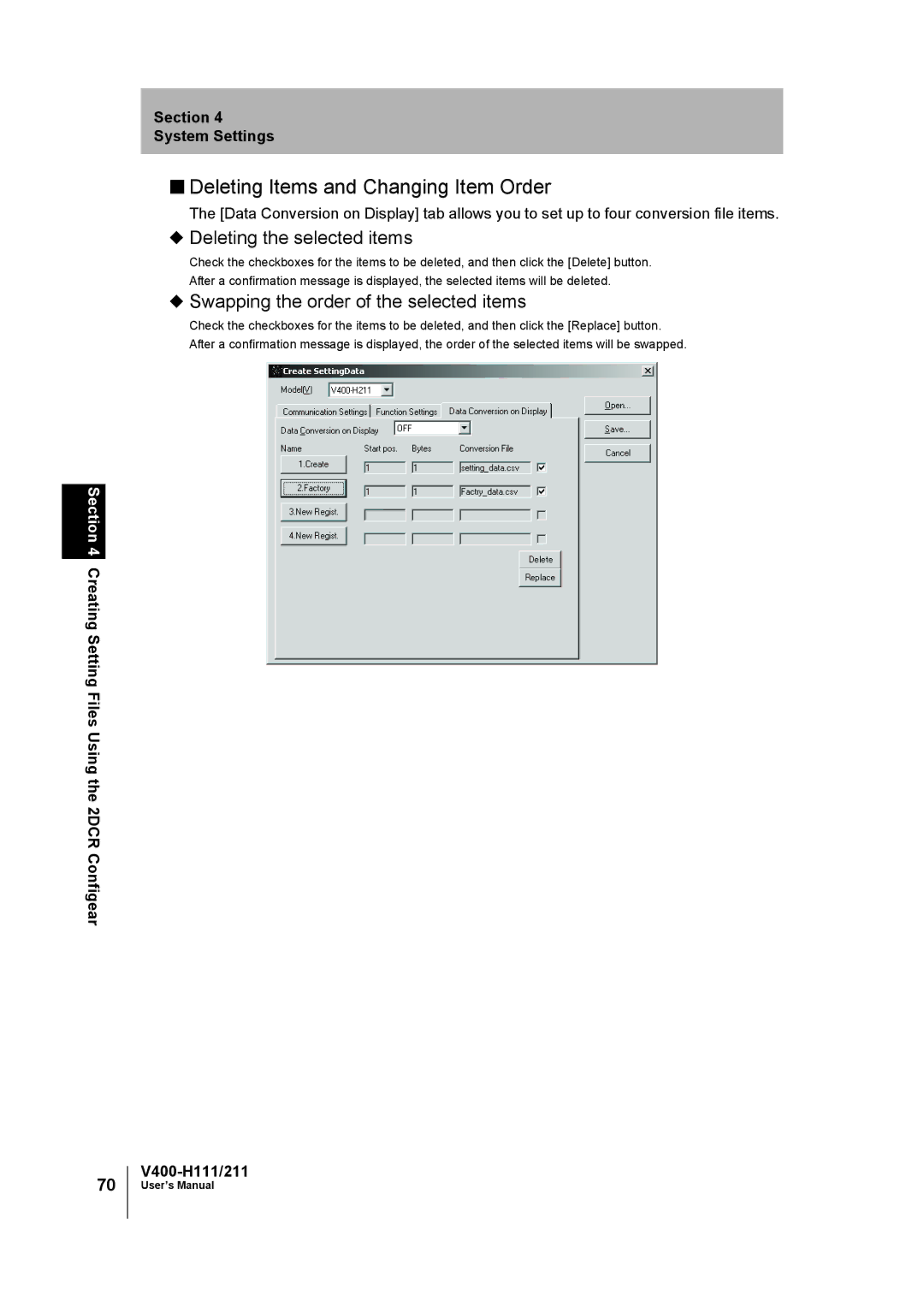 Omron V400-H111 user manual Deleting Items and Changing Item Order, Deleting the selected items 