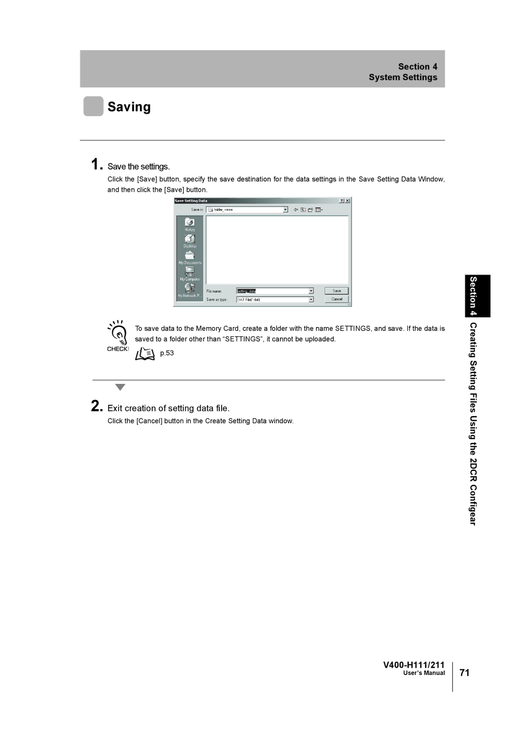 Omron V400-H111 user manual Saving, Save the settings, Exit creation of setting data file 