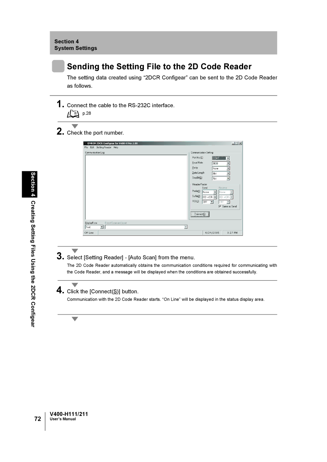 Omron V400-H111 user manual Sending the Setting File to the 2D Code Reader, Click the ConnectS button 