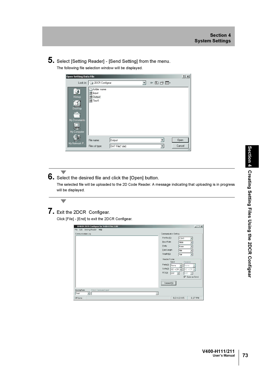 Omron V400-H111 Select Setting Reader Send Setting from the menu, Select the desired file and click the Open button 