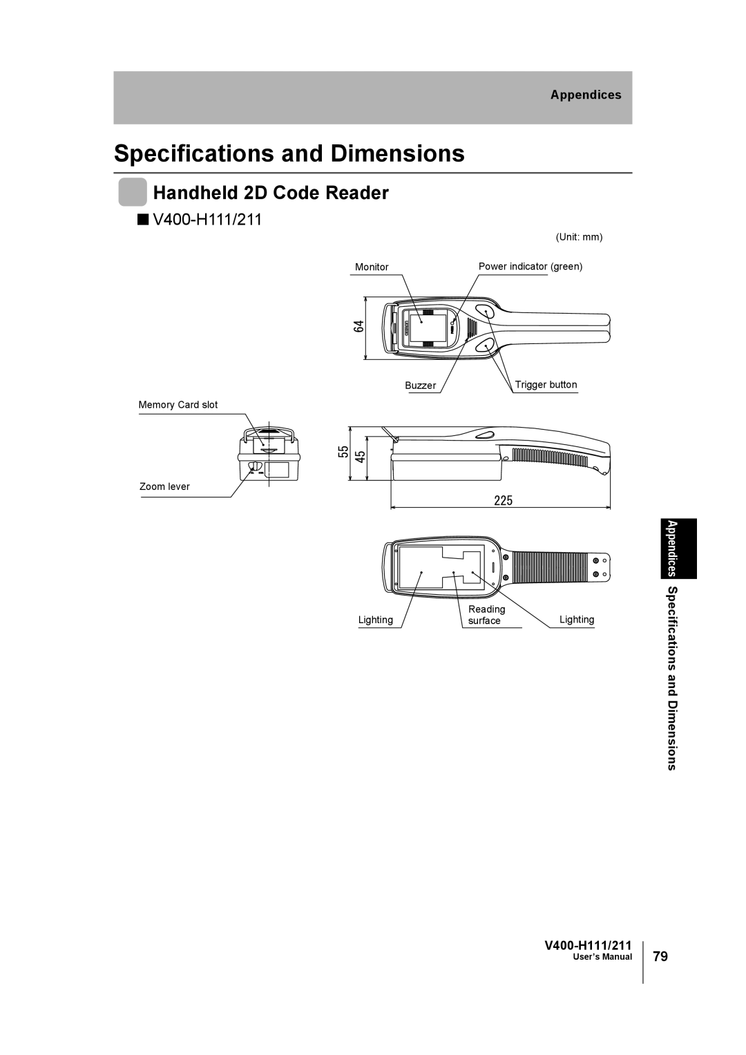 Omron user manual Specifications and Dimensions, Handheld 2D Code Reader, V400-H111/211 