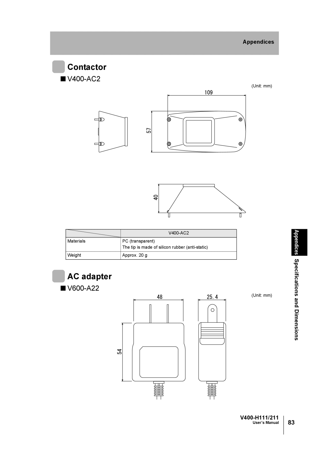Omron V400-H111 user manual Contactor, AC adapter, V400-AC2, V600-A22 